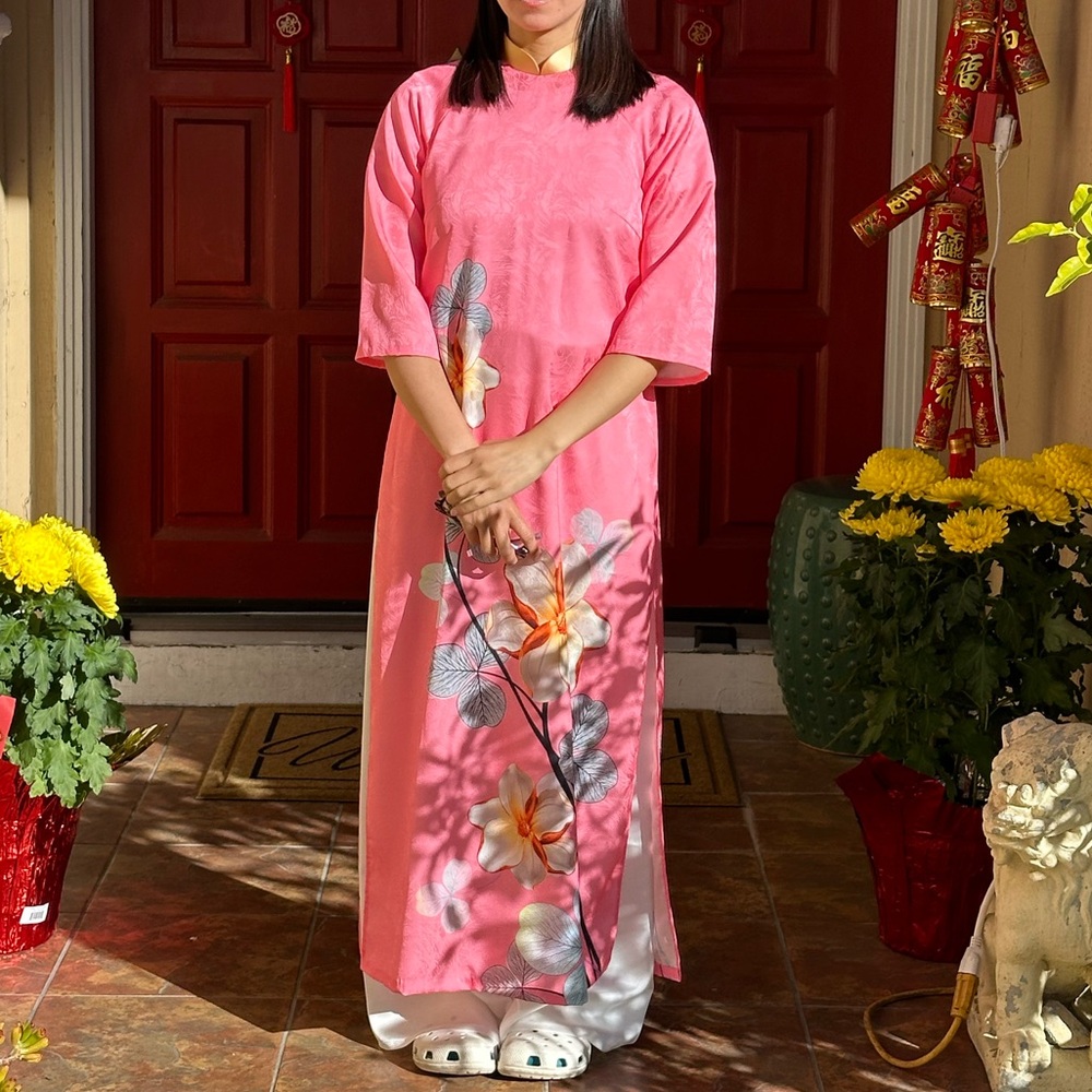 VIETNAMESE | Aó Dài Traditional Dress Pink White Floral Flower Shift Loose XS-S